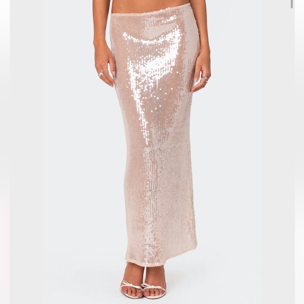 EDIKTED RIKI SHEER SEQUIN MAXI SKIRT- LIGHT PINK SIZE SMALL NWT